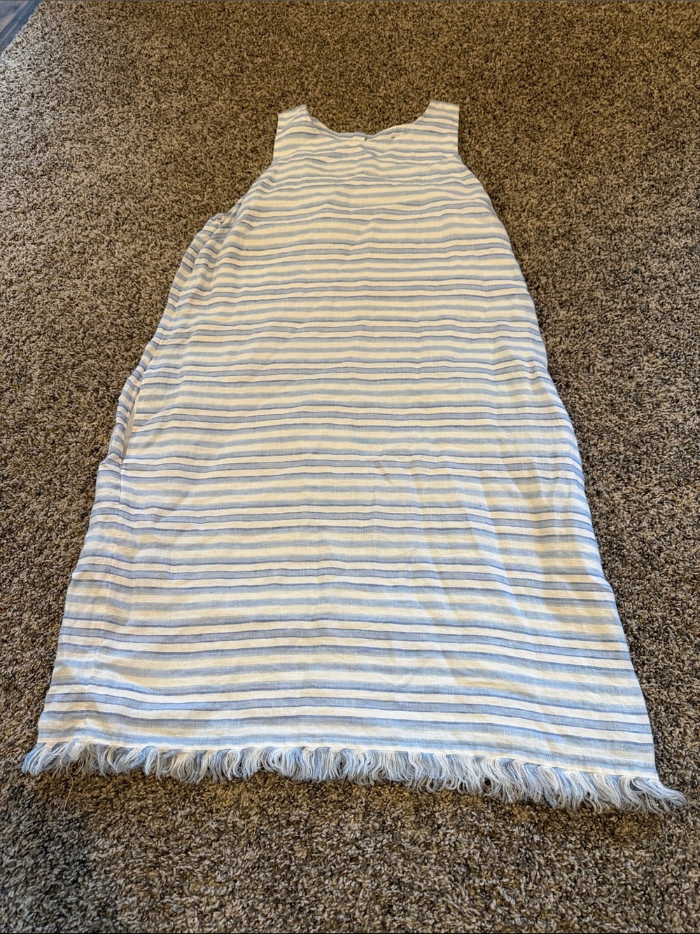 Tommy Bahama Linen Striped Sleeveless Fringe Hem Dress in Light Blue and White S